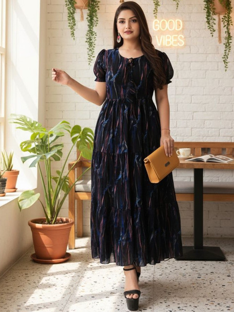 SZN Women Printed Puff Sleeve Georgette A-Line Maxi Dress