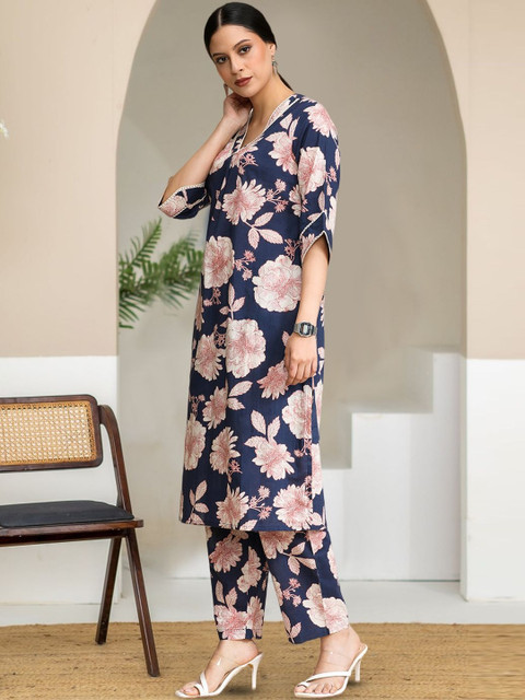 KALINI Women Floral Printed Regular Pure Cotton Kurta with Trousers - Image 3
