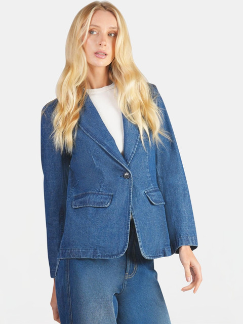 Virgio Women Single Breasted Notched Lapel Regular Fit Denim Blazers - Image 3