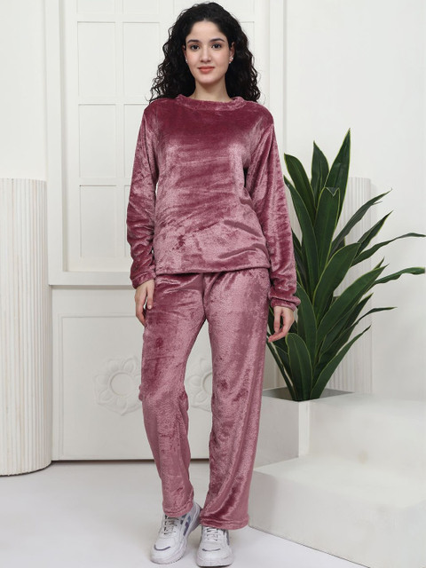 HERE&NOW Women Solid Fleece Sweatshirt with Pants Co-ord Set