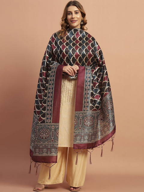 AKSHADEEP Women Ajrakh Shel Printed Chanderi Dupatta - Image 3