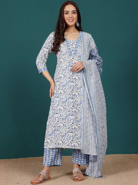 KALINI Women Floral Printed Regular Pure Cotton Kurta with Trousers & With Dupatta