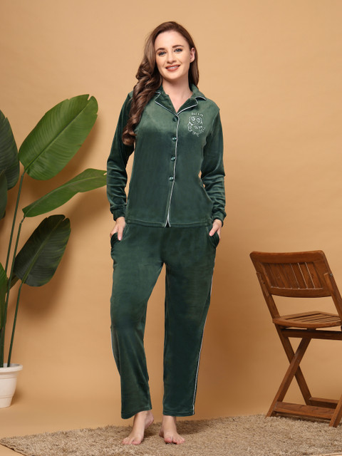 ETC Women Minion Embroidered Velvet Pyjama Set