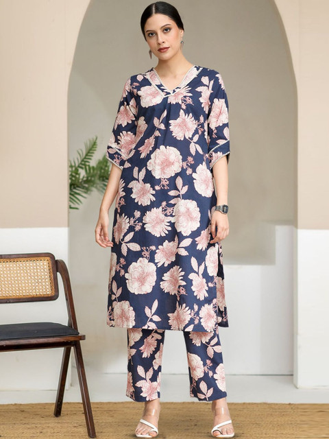 KALINI Women Floral Printed Regular Pure Cotton Kurta with Trousers
