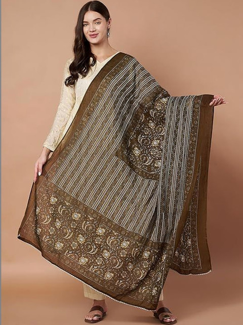 AKSHADEEP Women Jaipur Block Print Pure Cotton Block Print Dupatta with Gotta Patti