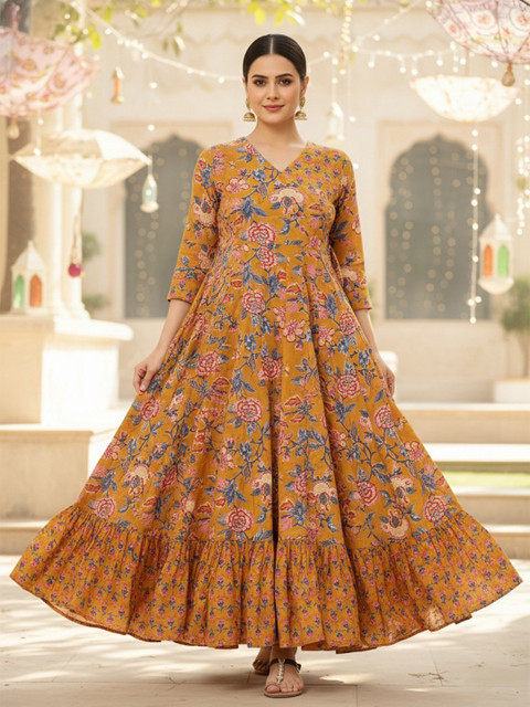 Sa Rasa Floral Printed V-Neck Angrakha Pure Cotton Anarkali Kurta