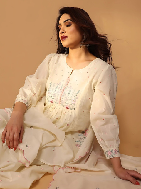 CaniBani Women Floral Embroidered Empire Thread Work Pure Cotton Kurta with Trousers & With Dupatta
