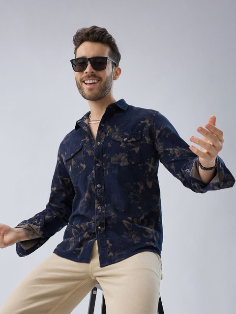 VASTRADO Men Navy Abstract Bloom Printed Flap Pocket Corduroy Shirt