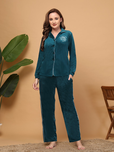 ETC Women Minion Embroidered Velvet Pyjama Set