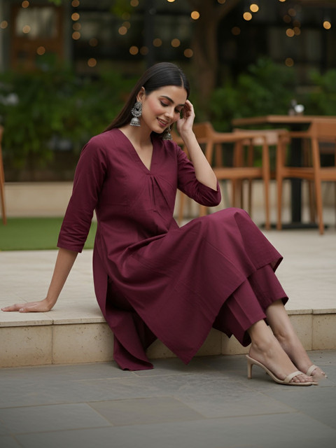 Burgundy Cotton V-Neck Top & Trousers Co-Ords Set