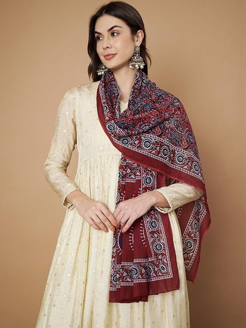 AKSHADEEP Women Jaipur Block Print Gota Patti Blue leaf Lace Dupatta - Image 4