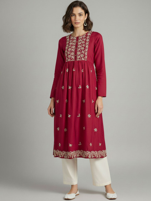fusion by glitchez Women Yoke Design Extended Sleeves Chikankari Grandeur & Majestic Artwork Kurta