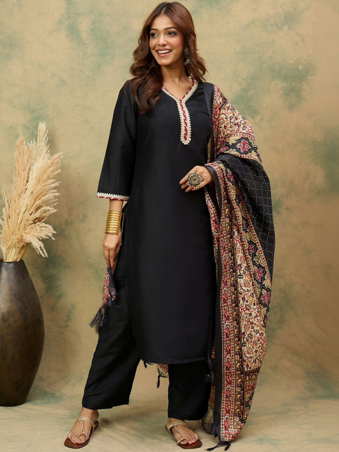 KALINI Women Ethnic Motifs Regular Thread Work Kurta with Trousers & With Dupatta