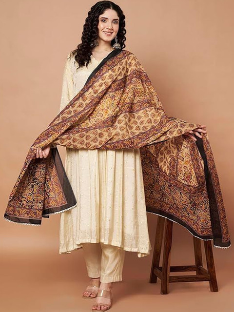 AKSHADEEP Women Jaipur Block Print Pure Cotton Block Print Dupatta with Gotta Patti