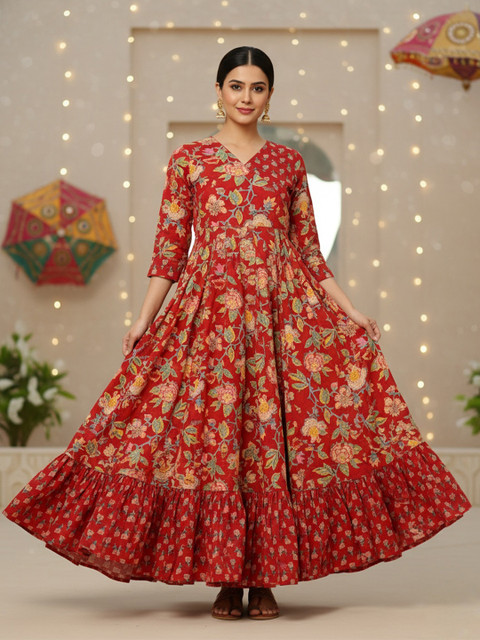 Sa Rasa Floral Printed V-Neck Angrakha Pure Cotton Anarkali Kurta