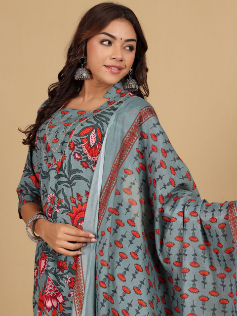 KALINI Women Floral Embroidered Regular Kurta with Trousers & With Dupatta - Image 3
