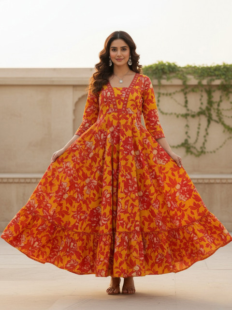 Sa Rasa Floral Printed Notch Neck Fit and Flare Cotton Ethnic Dress