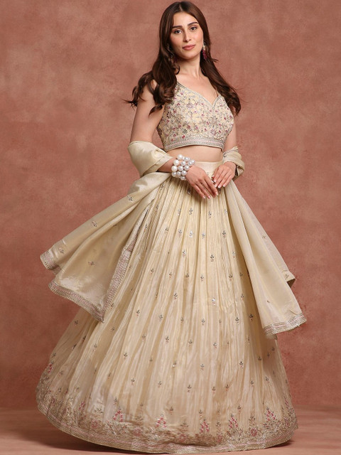 Feathership Embellished Sequinned Semi-Stitched Lehenga & Blouse With Dupatta