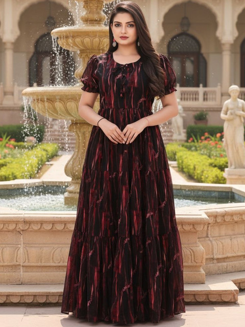 SZN Print Puff Sleeve Georgette Maxi Dress