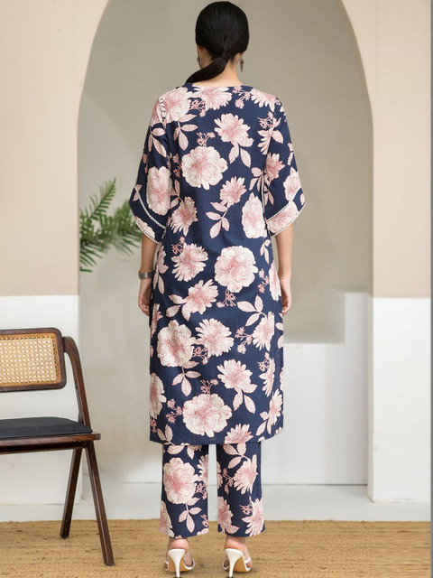 KALINI Women Floral Printed Regular Pure Cotton Kurta with Trousers - Image 2