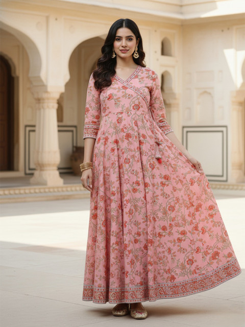 Sa Rasa Floral Printed Cotton Angrakha Anarkali Kurta