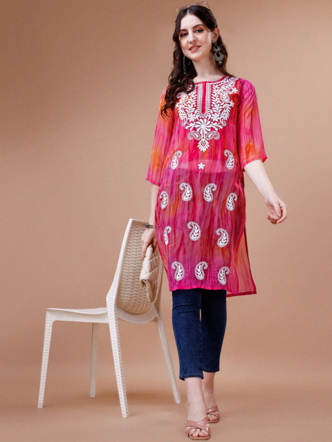 KALINI Pailey Embroidered Chikankari Shadow Work Georgette Straight Kurta - Image 2