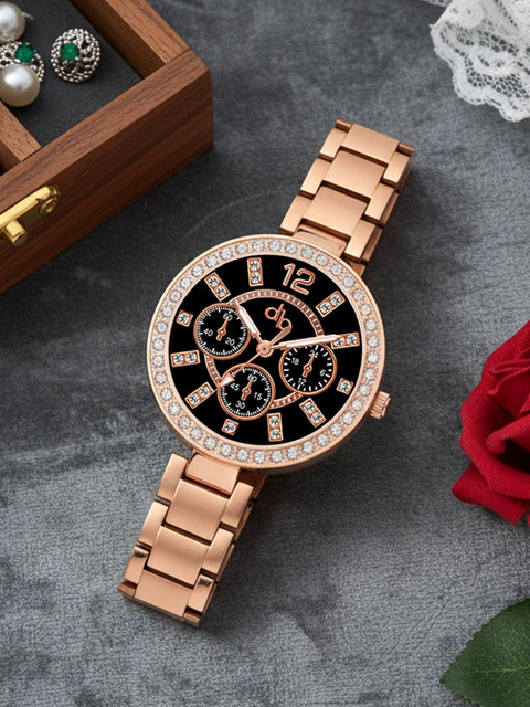 DressBerry Women Brass Embellished Dial & Bracelet Style Straps Analogue Watch DB-A07-BK