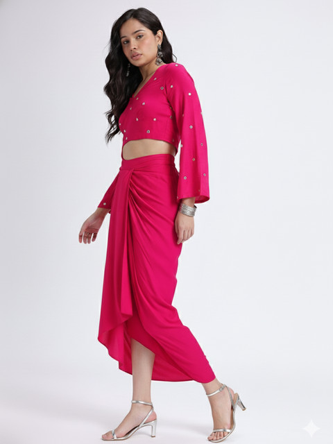 fusion by glitchez Mirror Work V-Neck Styled Back Pleated Co-Ords with Tie-Ups