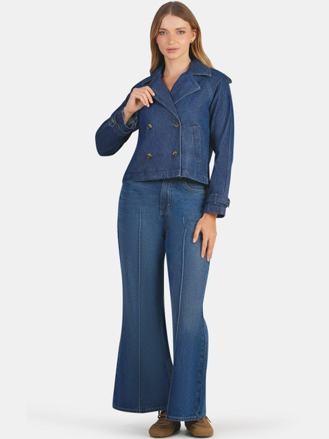 Virgio Women Solid Denim Cotton Lapel Collar Long Sleeves Blazers