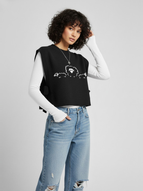 glitchez Women Self Design Side Tie-Up Crop Sweater Vest