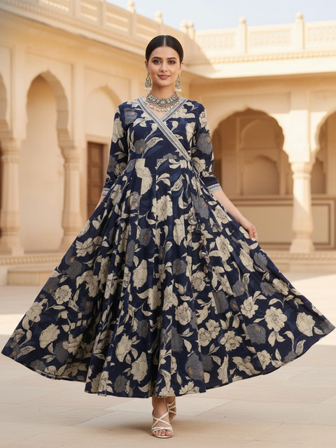 Sa Rasa Floral Printed V-Neck Tie-Up Fit and Flare Cotton Ethnic Dress