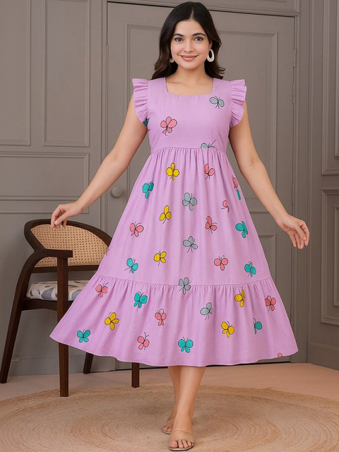 WOCLO ENTERPRISE Print Flutter Sleeve Fit & Flare Midi Dress