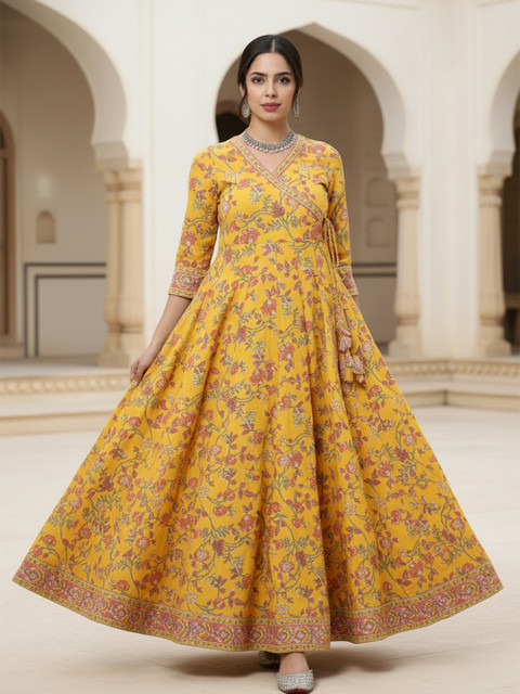 Sa Rasa Floral Printed V-Neck Tie-Up Fit and Flare Cotton Ethnic Dress