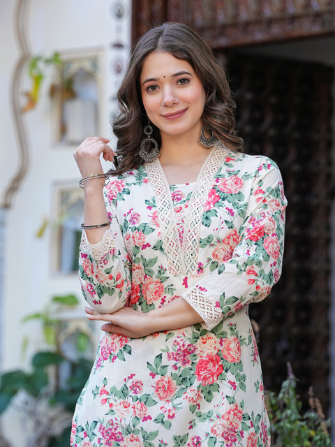 BKApparels Floral Printed V-Neck Pure Cotton Straight Kurta With Trousers