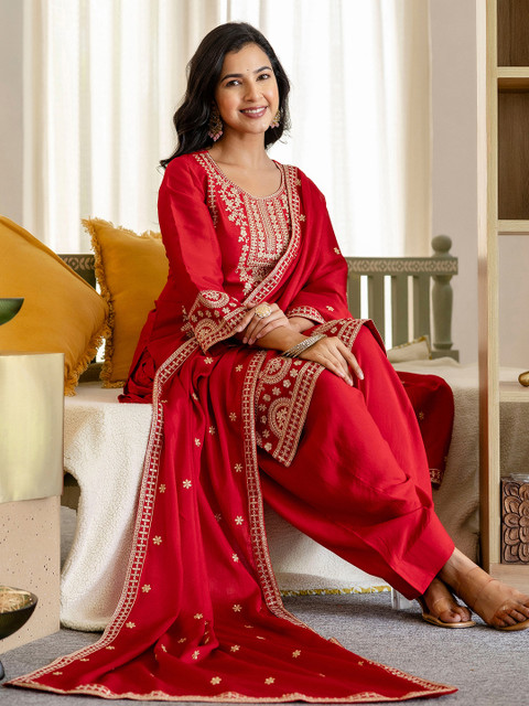 Sangria Embroidered Round Neck Kurta & Trousers with Dupatta Set