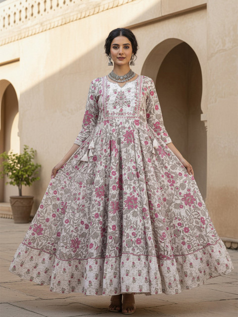 Sa Rasa Floral Printed Notch Neck Fit and Flare Cotton Ethnic Dress