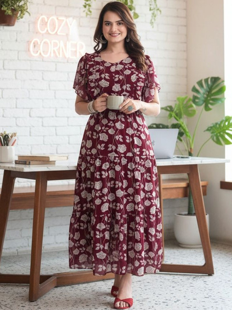 SZN Floral Printed Tiered Fit & Flare Georgette Midi Dress