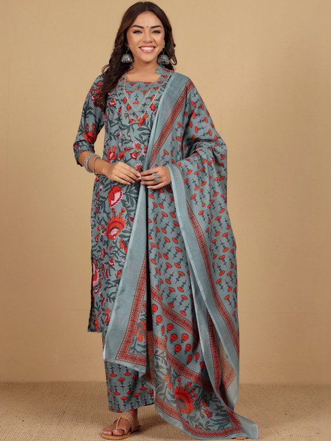 KALINI Women Floral Embroidered Regular Kurta with Trousers & With Dupatta