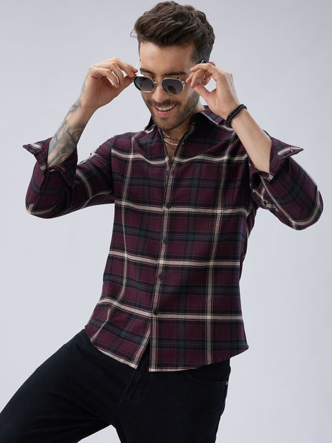 VASTRADO Men Premium Cotton Vintage Maroon Plaid Checks Everyday Shirt