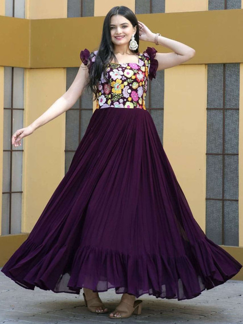 LAZZLY Women Floral Embroidered Sequinned Fit & Flare Maxi Ethnic Dress