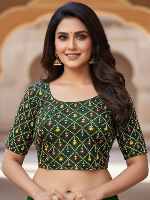 PU FASHION Women Printed Round Neck Saree Blouse