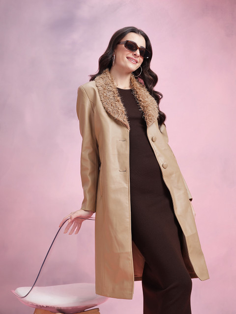 DressBerry Faux Fur Shawl Collar Single-Breasted Belted Overcoat with Leather Effect