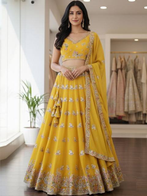 TIKODI Women Embroidered Thread Work Semi-Stitched Lehenga & Blouse With Dupatta