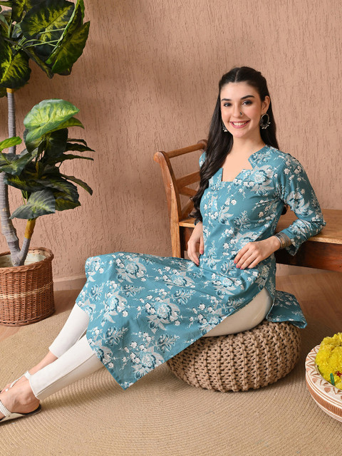 Anouk Rustic Floral Printed V-Neck Pure Cotton Straight Kurta