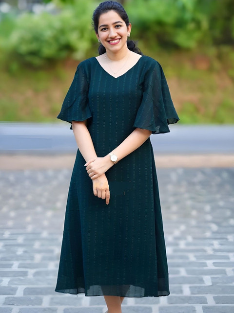 LAZZLY Flared Sleeve Layered Georgette A-Line Midi Dress