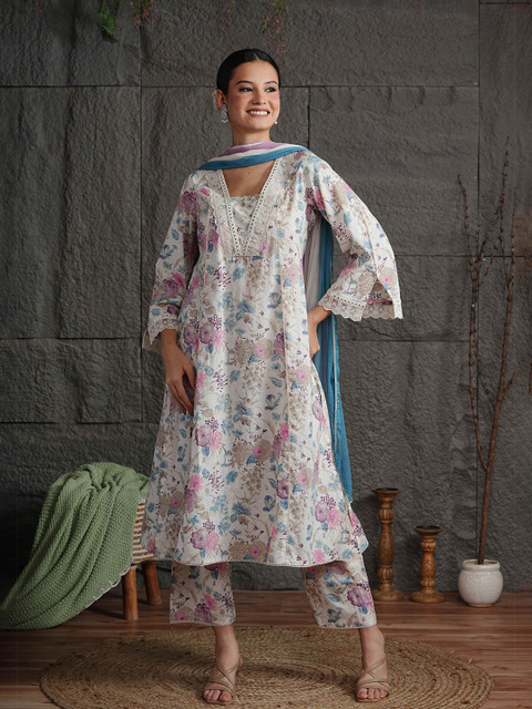 Anouk Women Ethnic Motifs Printed V-Neck Pure Cotton Kurta with Trousers & Dupatta