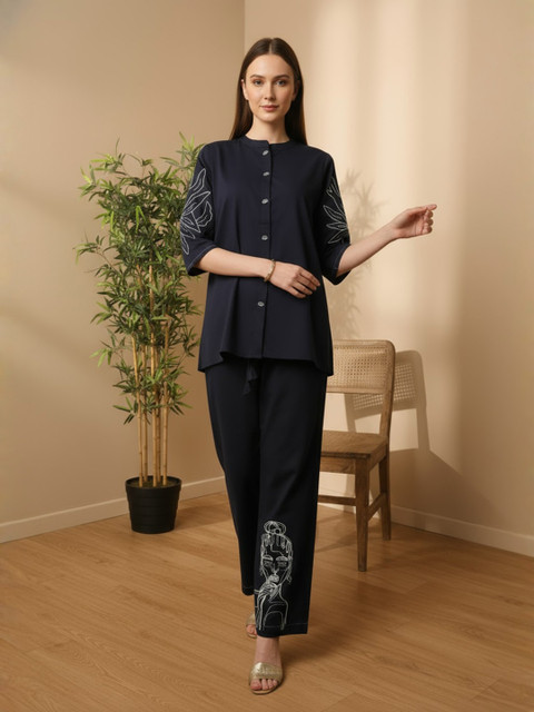 ZUMMER Embroidered Pure Cotton Mandarin Collar Shirt & Trousers Co-Ords