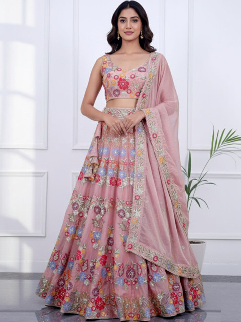 TIKODI Embroidered Thread Work Semi-Stitched Lehenga & Blouse With Dupatta