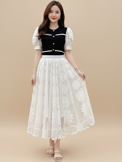 DressBerry Self Design Pure Cotton Flared Maxi Skirts