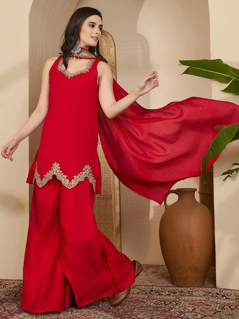 Sangria Embroidered Straight Kurta & Palazzos With Dupatta